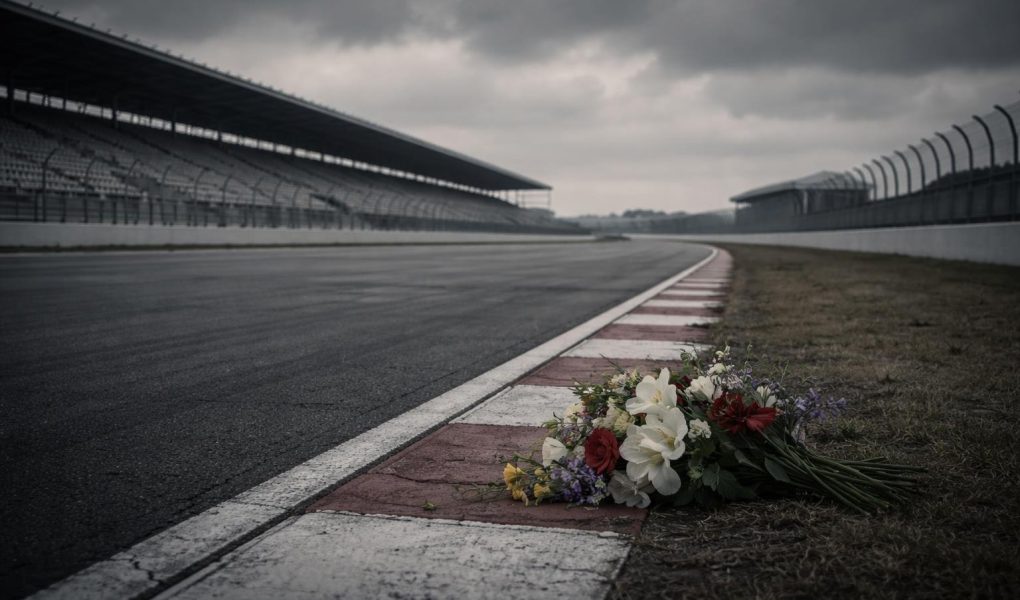 piste-course-vide-ciel-gris-fleurs