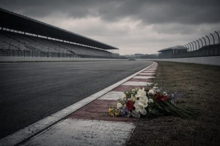 piste-course-vide-ciel-gris-fleurs