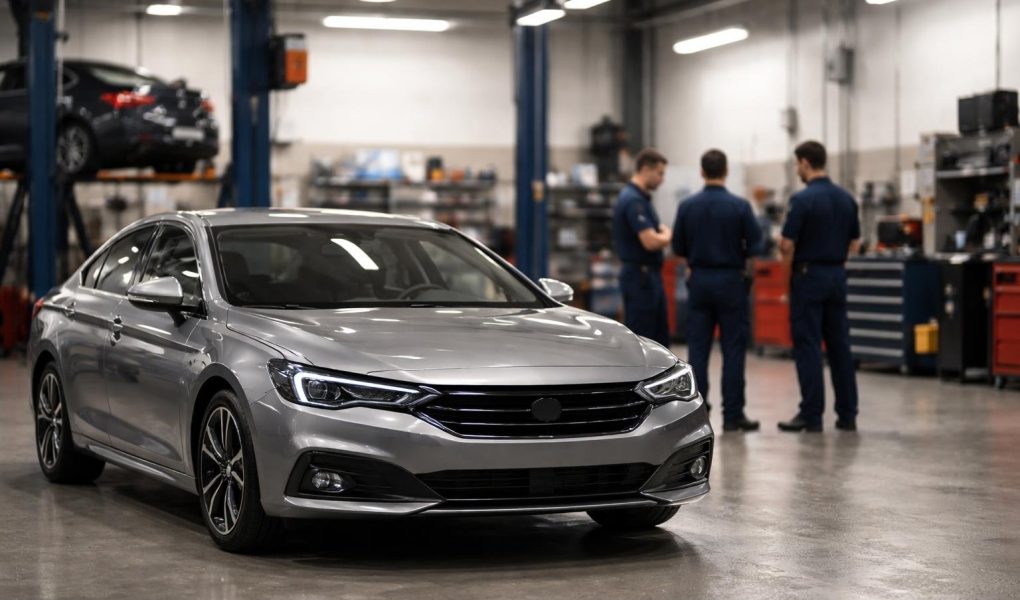 voiture-moderne-garage-mecaniciens-uniformes