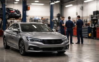 voiture-moderne-garage-mecaniciens-uniformes