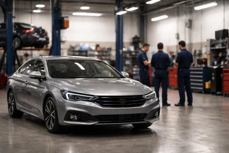 voiture-moderne-garage-mecaniciens-uniformes