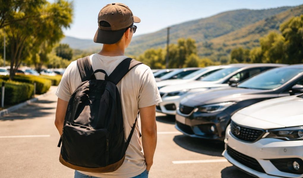 jeune-observant-voitures-collines-ciel-bleu