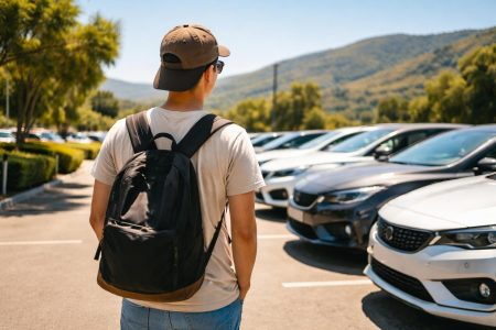 jeune-observant-voitures-collines-ciel-bleu